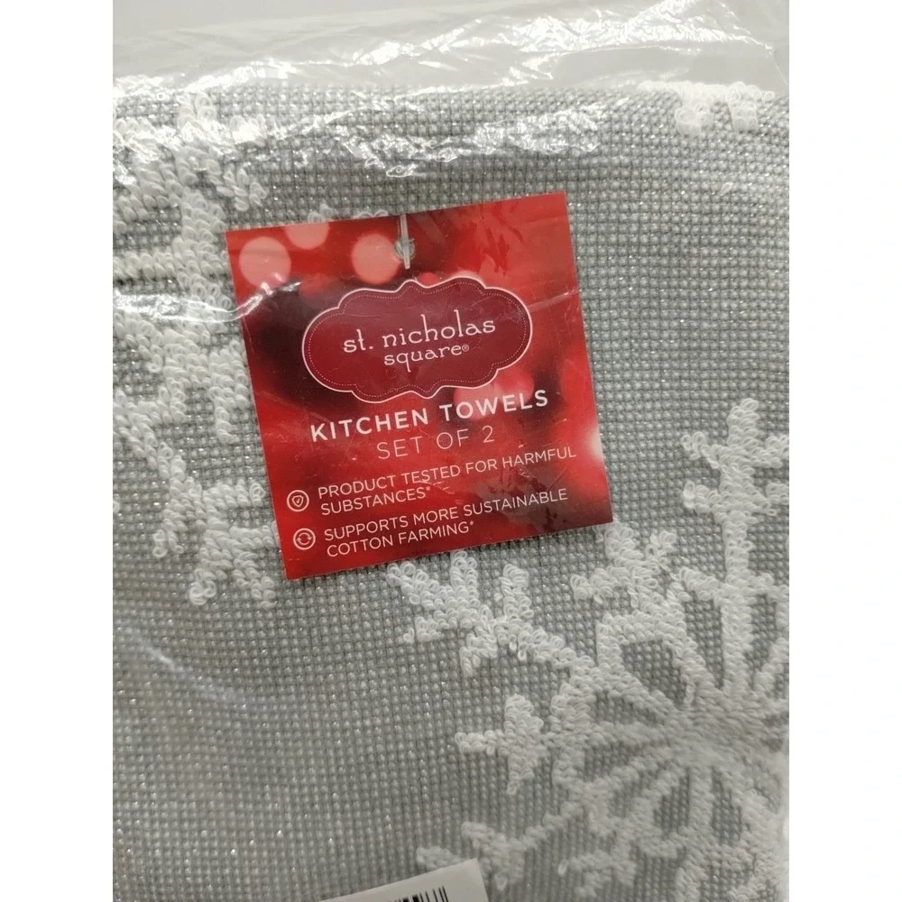 2 New St. Nicholas Square Gray Metallic Snowflake Kitchen Towels Christmas